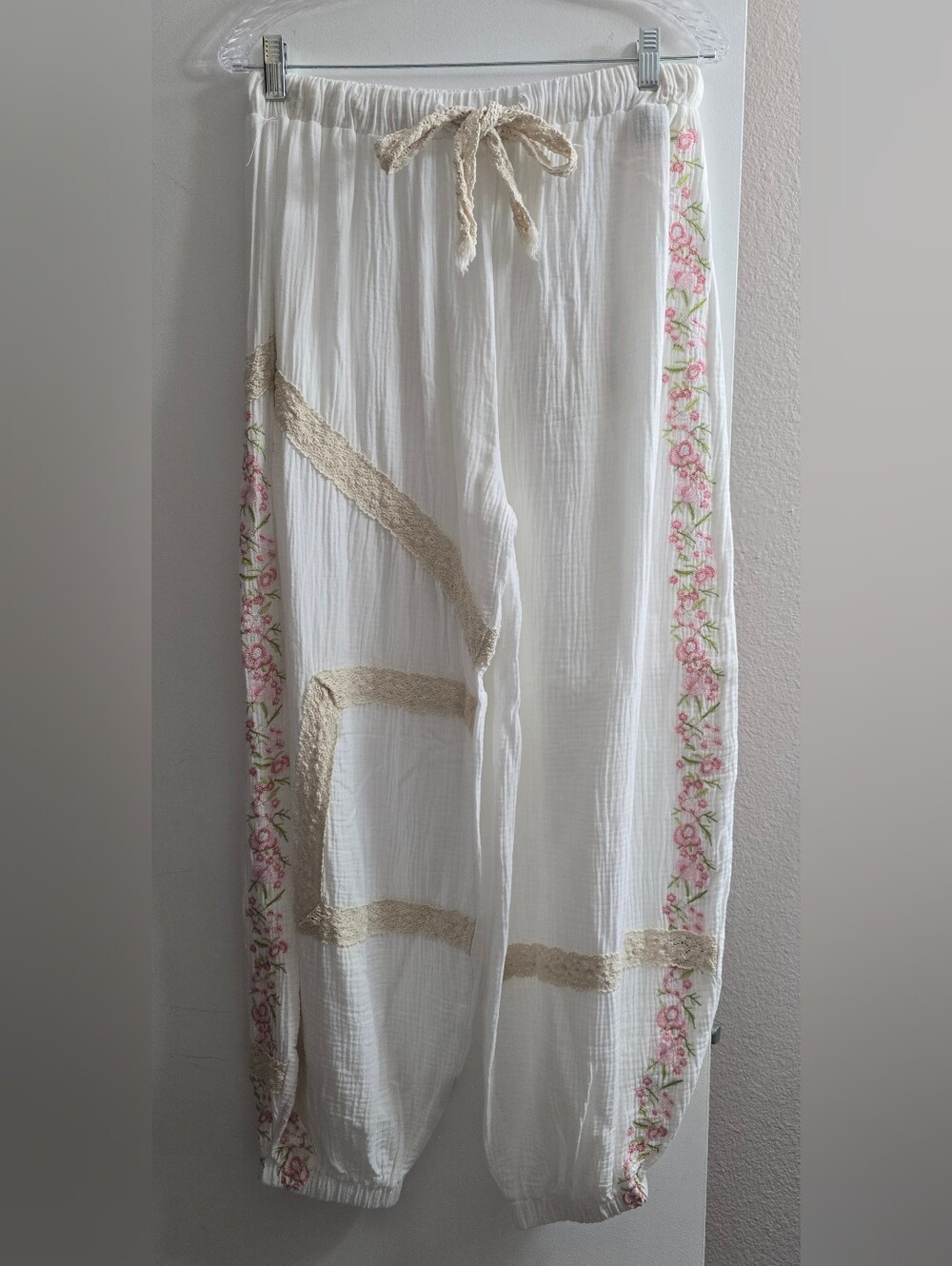 206 POL White Gauze Track Pants with Pink Floral Trim